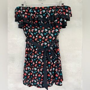 DKNY flower print ruffle dress strapless belt blue red summer picnic school